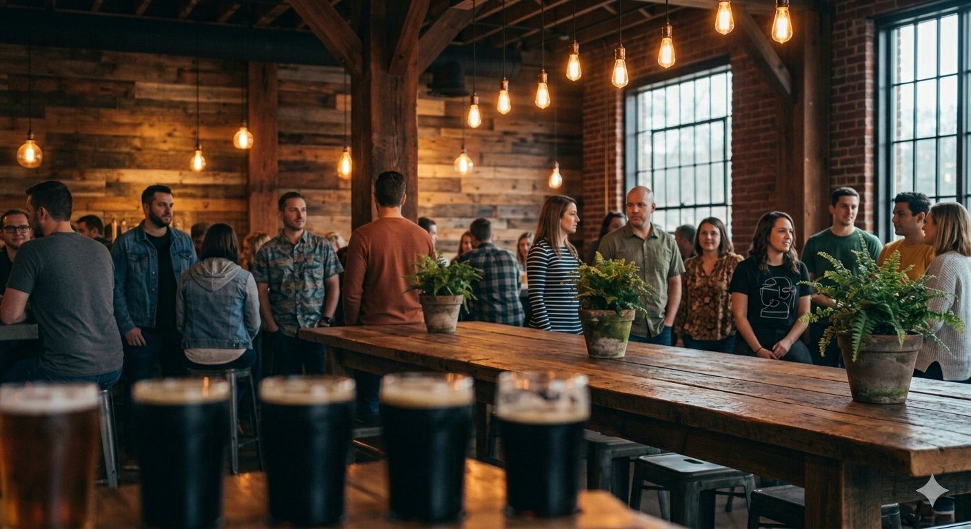 Craft brewery taproom at golden hour